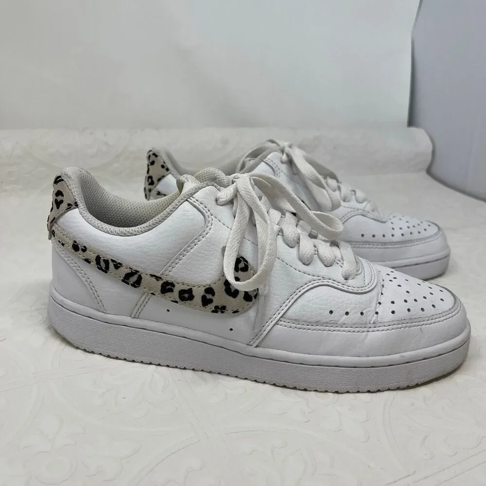Nike Court Vision Low 'Leopard Swoosh' women's sneakers in white Sz 6.5